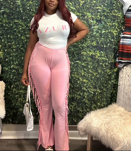 AZURI BABY PINK SPRING CROP TOP AND TASSEL PANTS SET