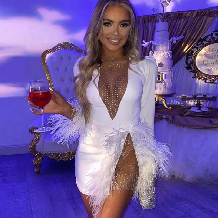 Feathered V neck Mini Dress