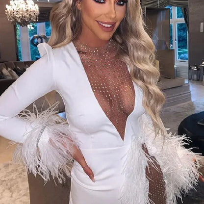 Feathered V neck Mini Dress