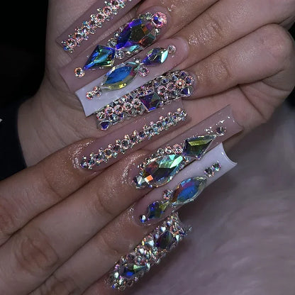 10 PCS BEJEWELD LUXURY DESIGNER LONG NAILS