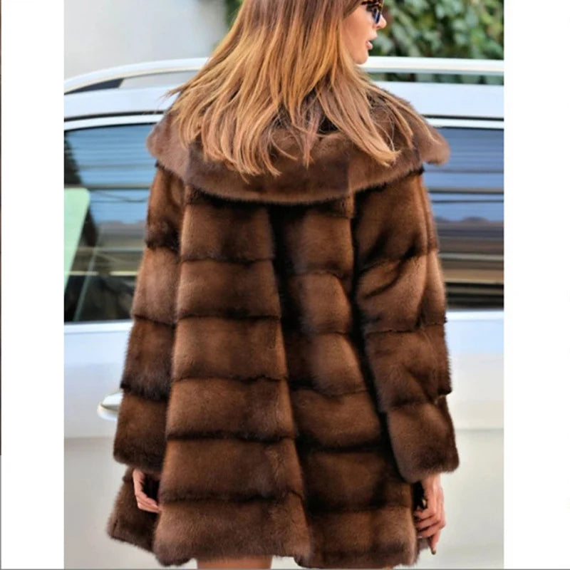 Women's mink fur coat medium long hooded coat fur plus size casual winter warm loose