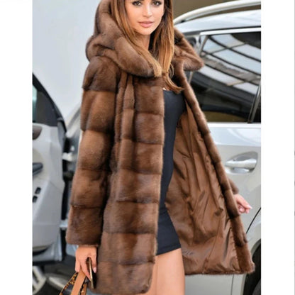 Women's mink fur coat medium long hooded coat fur plus size casual winter warm loose
