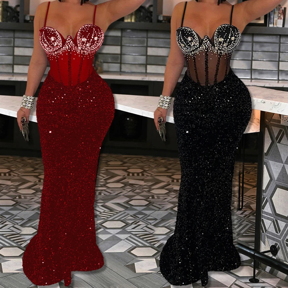 MESH STRAPLESS SEQUIN DRESS