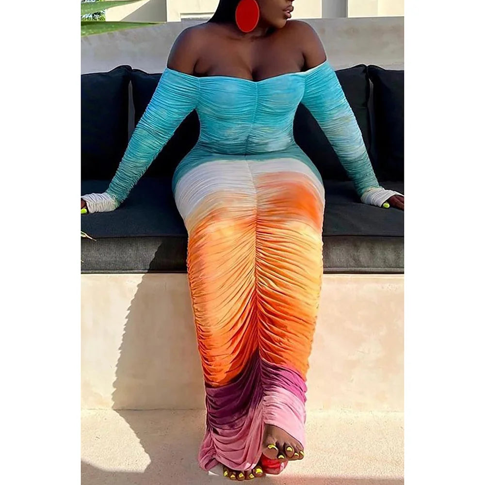 PLUS CURVY RUCHED MULTICOLOR DRESS