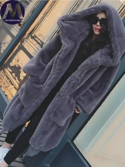 Women's Hooded Faux Fur Coat Mid Length Coats Loose Plush Thickening Warm Casual Fashion Autumn Winter New