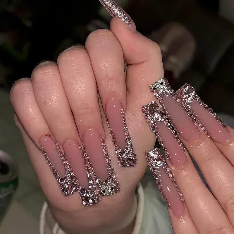 10 PCS BEJEWELD LUXURY DESIGNER LONG NAILS