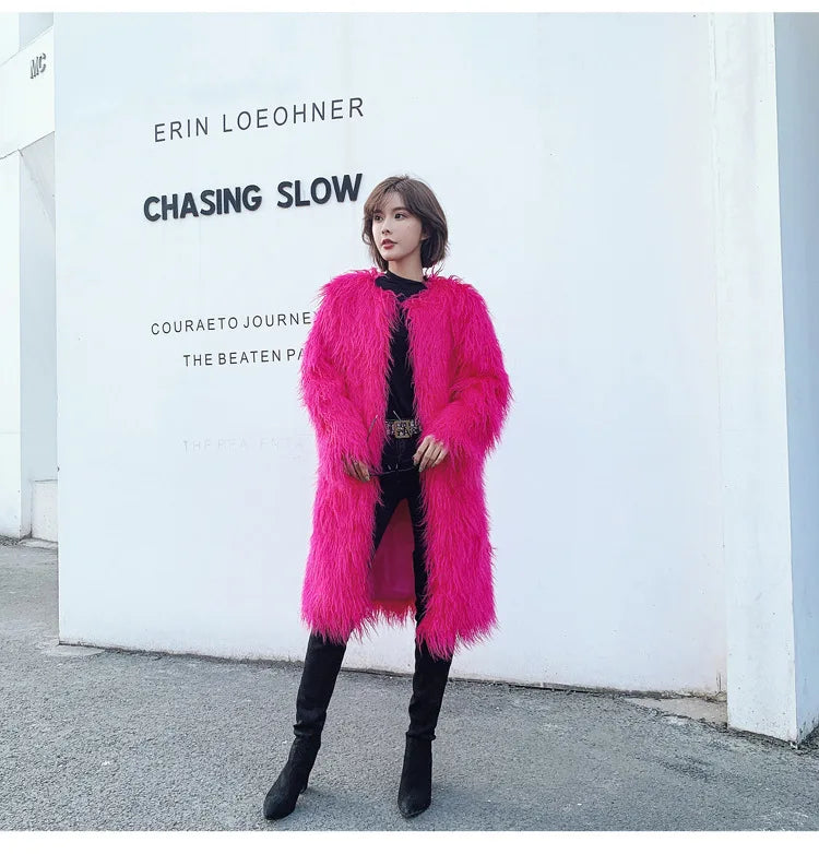women's fur coat Colorful Furry Pink lamb wool faux fur coat female Shaggy sheepskin coat winter artificial fur jacket