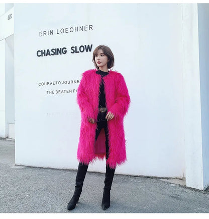 women's fur coat Colorful Furry Pink lamb wool faux fur coat female Shaggy sheepskin coat winter artificial fur jacket