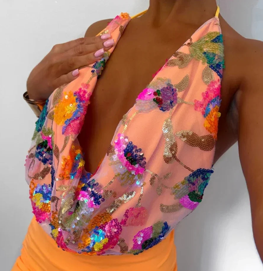 SEQUINED HALTER SKIRT SET