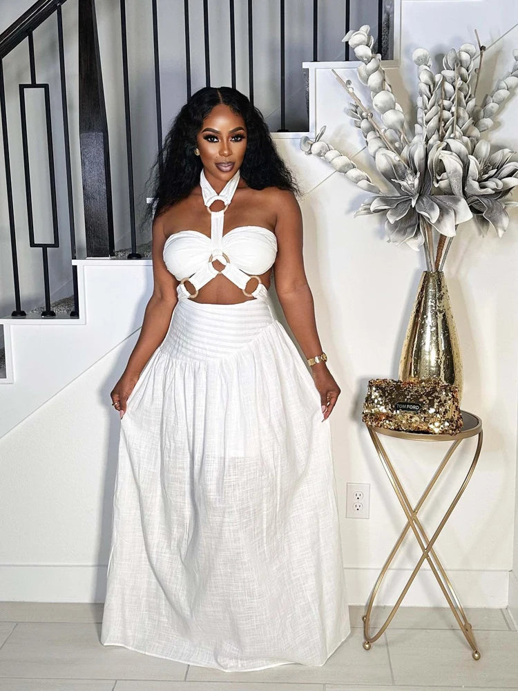 All White Summer Party Dress Two Piece Set