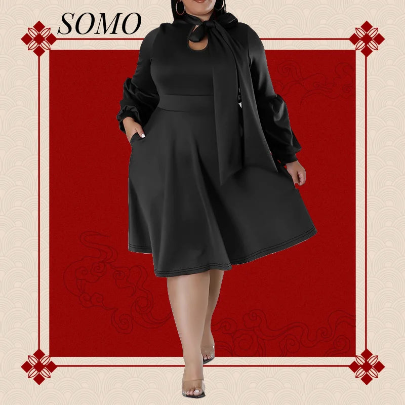 SOMO Plus Size Women Dress Long Sleeve Puffy Sleeve Mid-length Dress Party New Year Dress 2024 Dropshipping Wholesale Vestido