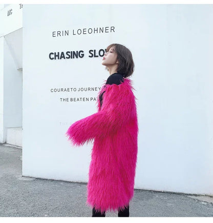 women's fur coat Colorful Furry Pink lamb wool faux fur coat female Shaggy sheepskin coat winter artificial fur jacket