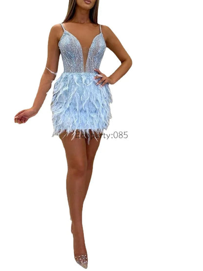 ELEGANT EVENING FEATHERED DRESS