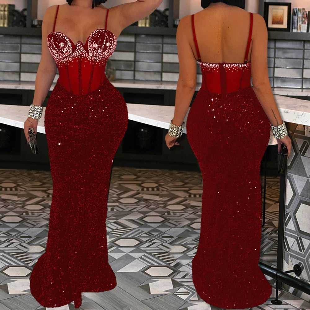 MESH STRAPLESS SEQUIN DRESS