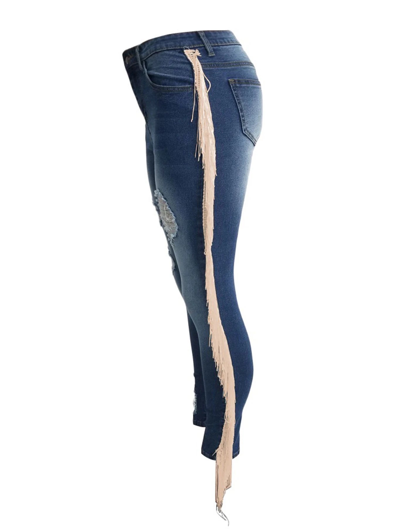 HIGH WAIST DISTRESSED TASSEL JEANS