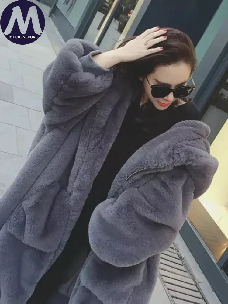 Women's Hooded Faux Fur Coat Mid Length Coats Loose Plush Thickening Warm Casual Fashion Autumn Winter New