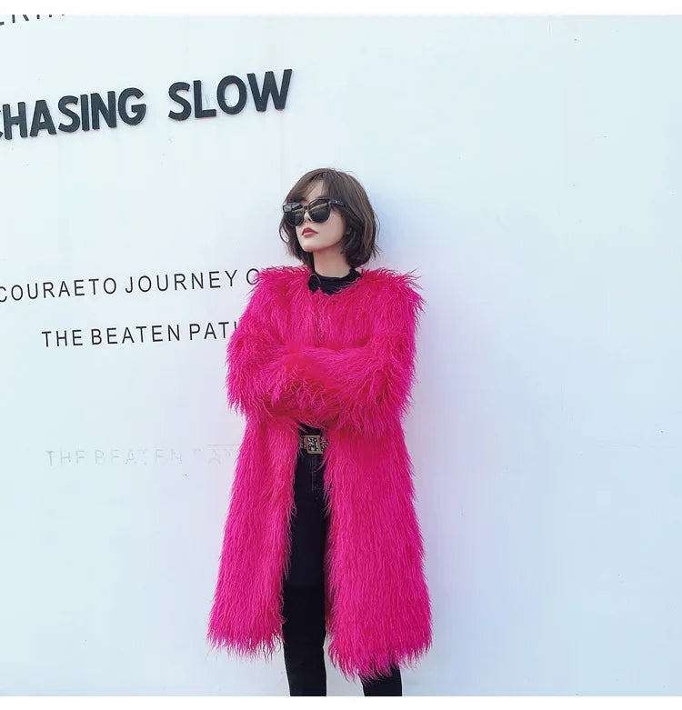 women's fur coat Colorful Furry Pink lamb wool faux fur coat female Shaggy sheepskin coat winter artificial fur jacket
