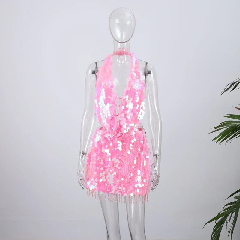 SEQUINED HALTER SKIRT SET