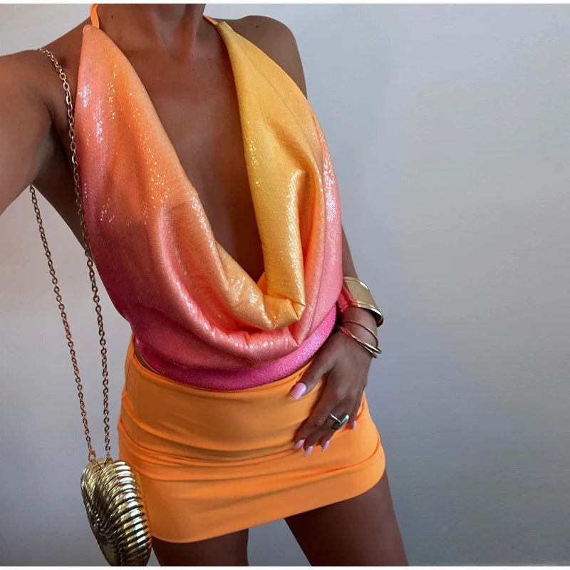 SEQUINED HALTER SKIRT SET