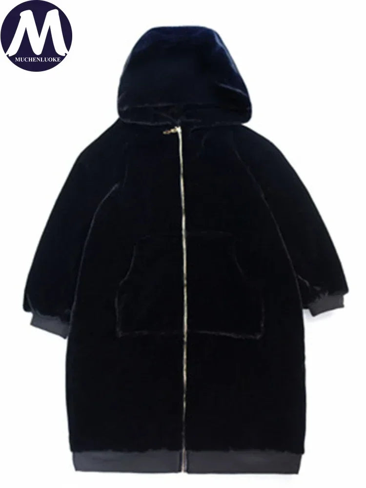 Women's Hooded Faux Fur Coat Mid Length Coats Loose Plush Thickening Warm Casual Fashion Autumn Winter New