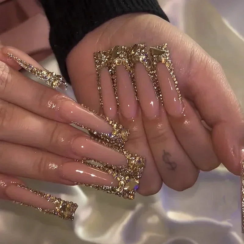 10 PCS BEJEWELD LUXURY DESIGNER LONG NAILS