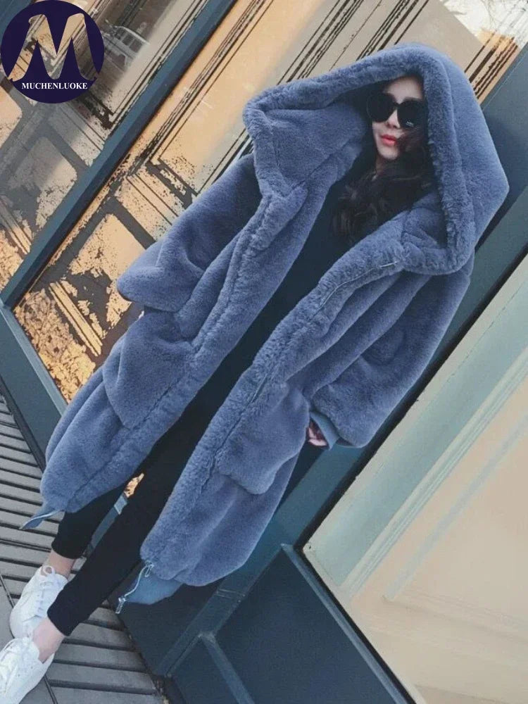 Women's Hooded Faux Fur Coat Mid Length Coats Loose Plush Thickening Warm Casual Fashion Autumn Winter New
