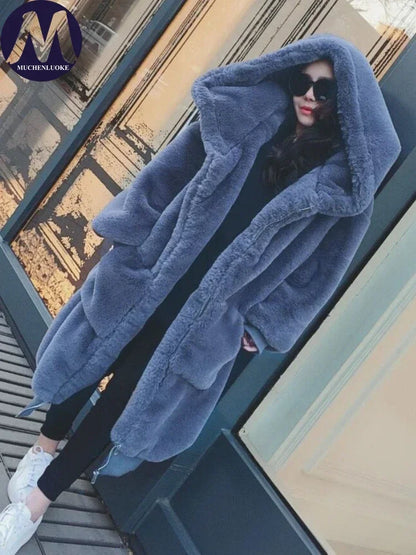 Women's Hooded Faux Fur Coat Mid Length Coats Loose Plush Thickening Warm Casual Fashion Autumn Winter New