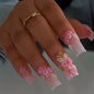 24pcs 3D ACRYLIC PINK GOLD WHITE LONG LUX PRESS ON NAILS
