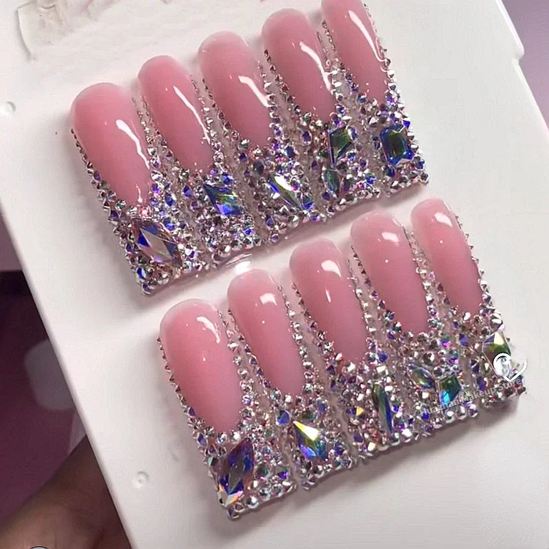 10 PCS BEJEWELD LUXURY DESIGNER LONG NAILS