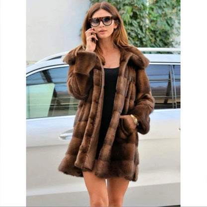 Women's mink fur coat medium long hooded coat fur plus size casual winter warm loose