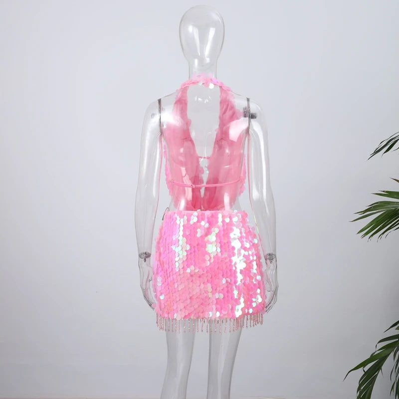 SEQUINED HALTER SKIRT SET