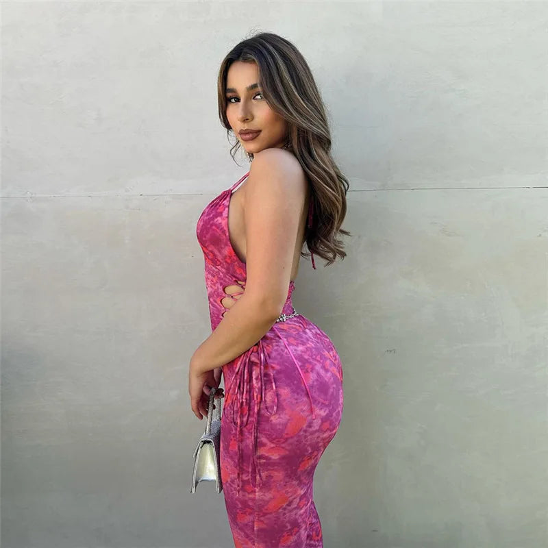 TYE DIE PINK PRINT HALTER ROMPER