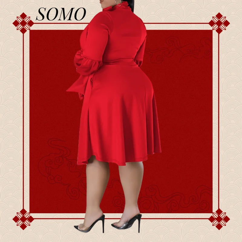 SOMO Plus Size Women Dress Long Sleeve Puffy Sleeve Mid-length Dress Party New Year Dress 2024 Dropshipping Wholesale Vestido