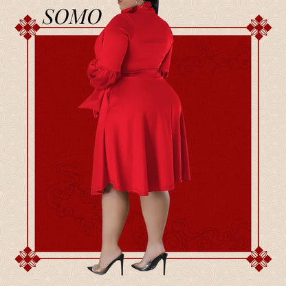 SOMO Plus Size Women Dress Long Sleeve Puffy Sleeve Mid-length Dress Party New Year Dress 2024 Dropshipping Wholesale Vestido