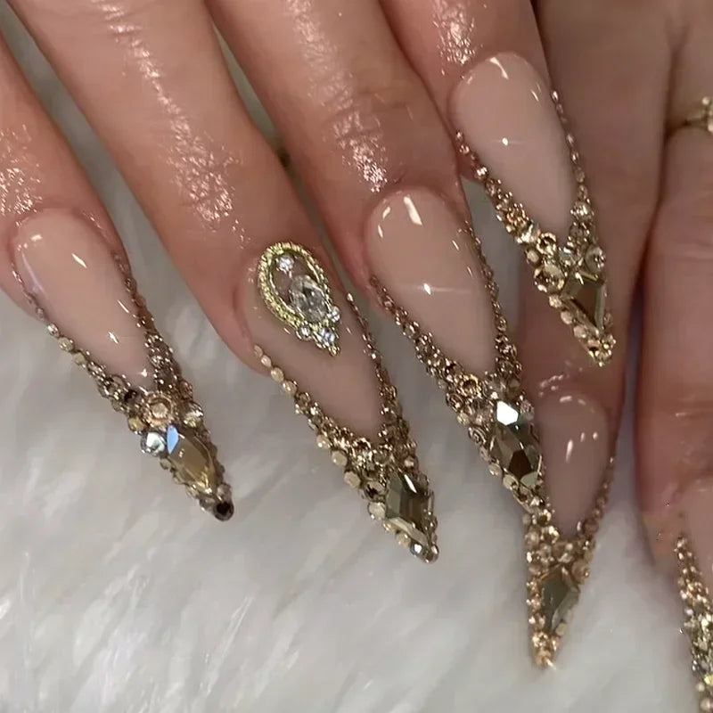 10 PCS BEJEWELD LUXURY DESIGNER LONG NAILS