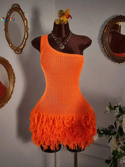ORANGE FRINGE BODYCON MINI DRESS