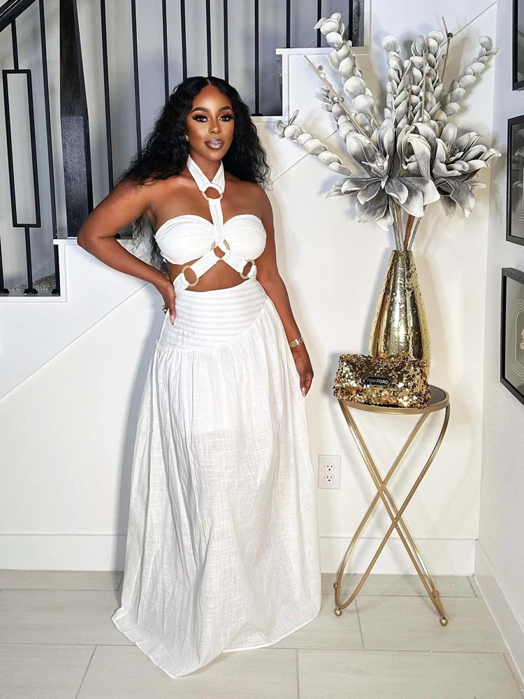 All White Summer Party Dress Two Piece Set