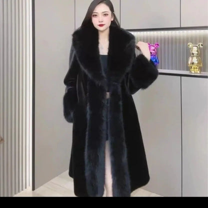 Faux Fur Coats Women Long Coat Thick Warm Turn Down Collar Open Stitch Spring Outerwear Jackets Elegant Splice Autumn Winter
