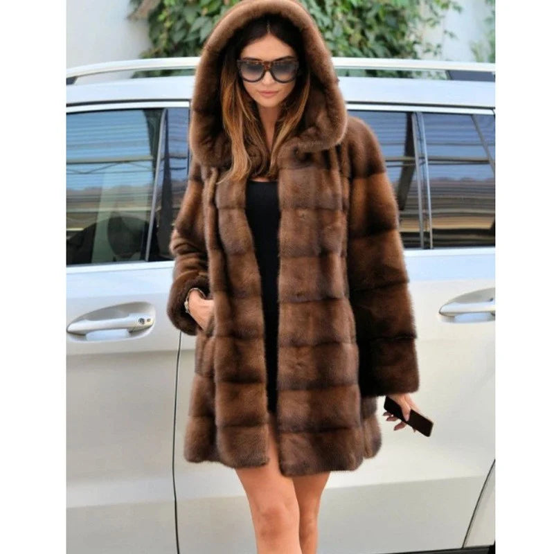 Women's mink fur coat medium long hooded coat fur plus size casual winter warm loose