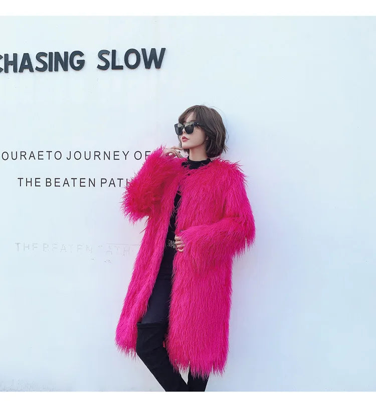 women's fur coat Colorful Furry Pink lamb wool faux fur coat female Shaggy sheepskin coat winter artificial fur jacket