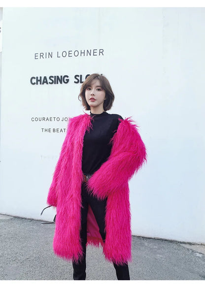 women's fur coat Colorful Furry Pink lamb wool faux fur coat female Shaggy sheepskin coat winter artificial fur jacket