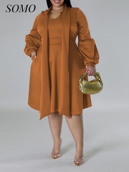 SOMO Plus Size Women Dress Long Sleeve Puffy Sleeve Mid-length Dress Party New Year Dress 2024 Dropshipping Wholesale Vestido