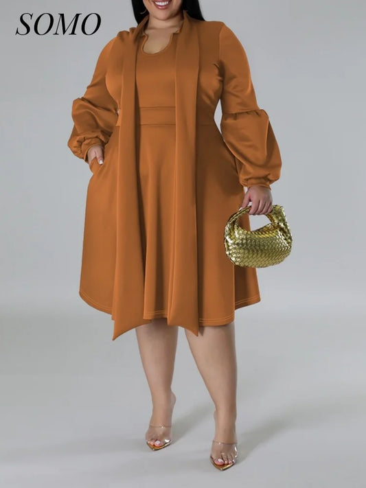 SOMO Plus Size Women Dress Long Sleeve Puffy Sleeve Mid-length Dress Party New Year Dress 2024 Dropshipping Wholesale Vestido