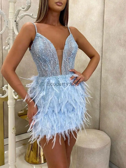 ELEGANT EVENING FEATHERED DRESS