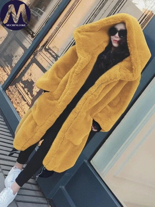 Women's Hooded Faux Fur Coat Mid Length Coats Loose Plush Thickening Warm Casual Fashion Autumn Winter New