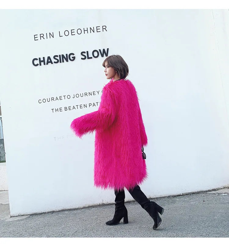 women's fur coat Colorful Furry Pink lamb wool faux fur coat female Shaggy sheepskin coat winter artificial fur jacket