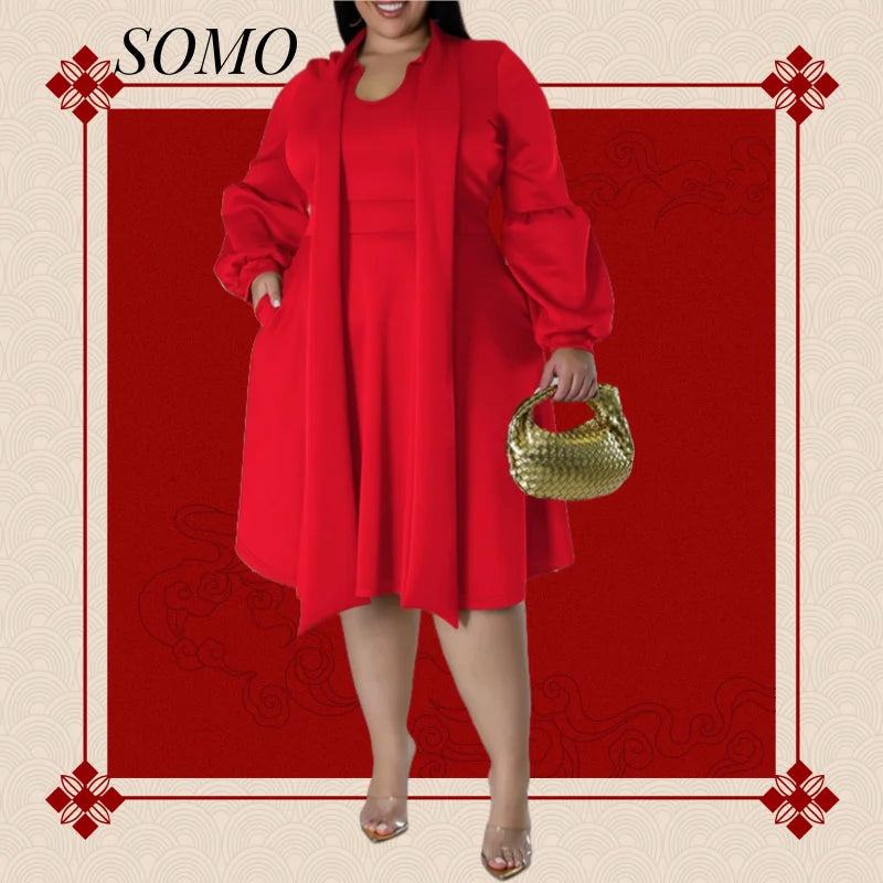 SOMO Plus Size Women Dress Long Sleeve Puffy Sleeve Mid-length Dress Party New Year Dress 2024 Dropshipping Wholesale Vestido