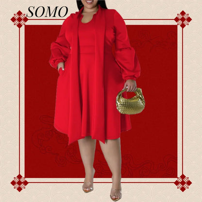 SOMO Plus Size Women Dress Long Sleeve Puffy Sleeve Mid-length Dress Party New Year Dress 2024 Dropshipping Wholesale Vestido