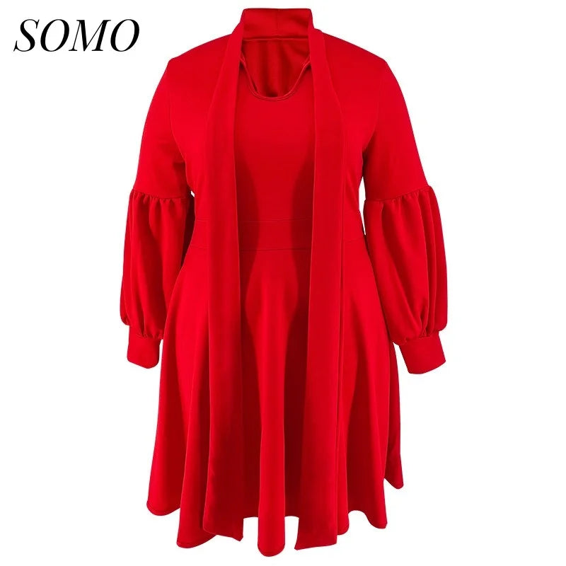 SOMO Plus Size Women Dress Long Sleeve Puffy Sleeve Mid-length Dress Party New Year Dress 2024 Dropshipping Wholesale Vestido
