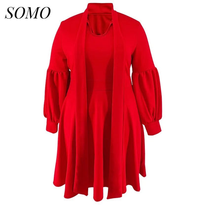 SOMO Plus Size Women Dress Long Sleeve Puffy Sleeve Mid-length Dress Party New Year Dress 2024 Dropshipping Wholesale Vestido